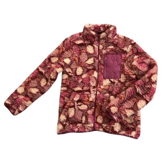 Billabong Dusty Mauve Floral Sherpa Fleece Full Zip Jacket Womens L Cozy Teddy - Picture 2 of 11